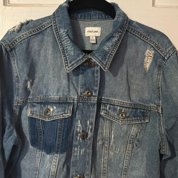 Sneak Peek Women's Large Distressed Jean Denim Jacket Blue - Picture 4 of 11